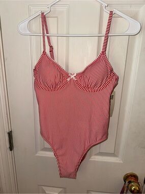 Red & White Striped One-Piece Swimsuit with Underwire Support (never been worn)